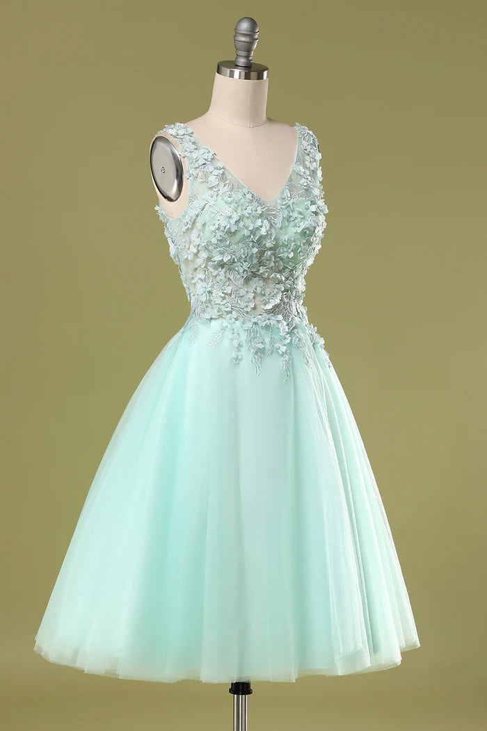 Weitese Dress Mint Green V Neck Sleeveless Short Homecoming Dress Appliques A-Line Party Dress