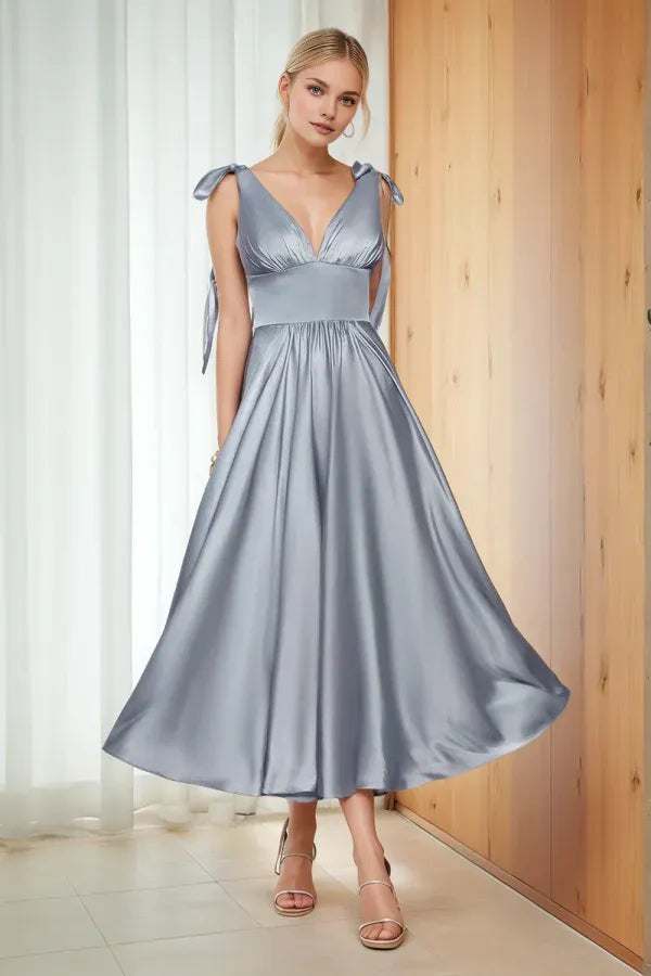 Robe Weitese moderne trapèze, col en V, bretelles, sans manches, plissée, robe de bal, dos nu, longueur thé, robe de demoiselle d'honneur 