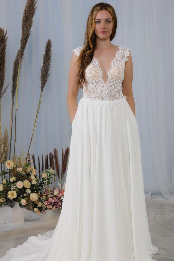 Weitese Dress Modern Backless Chiffon Wide Straps Deep V-neck Wedding Dress With Appliques Lace