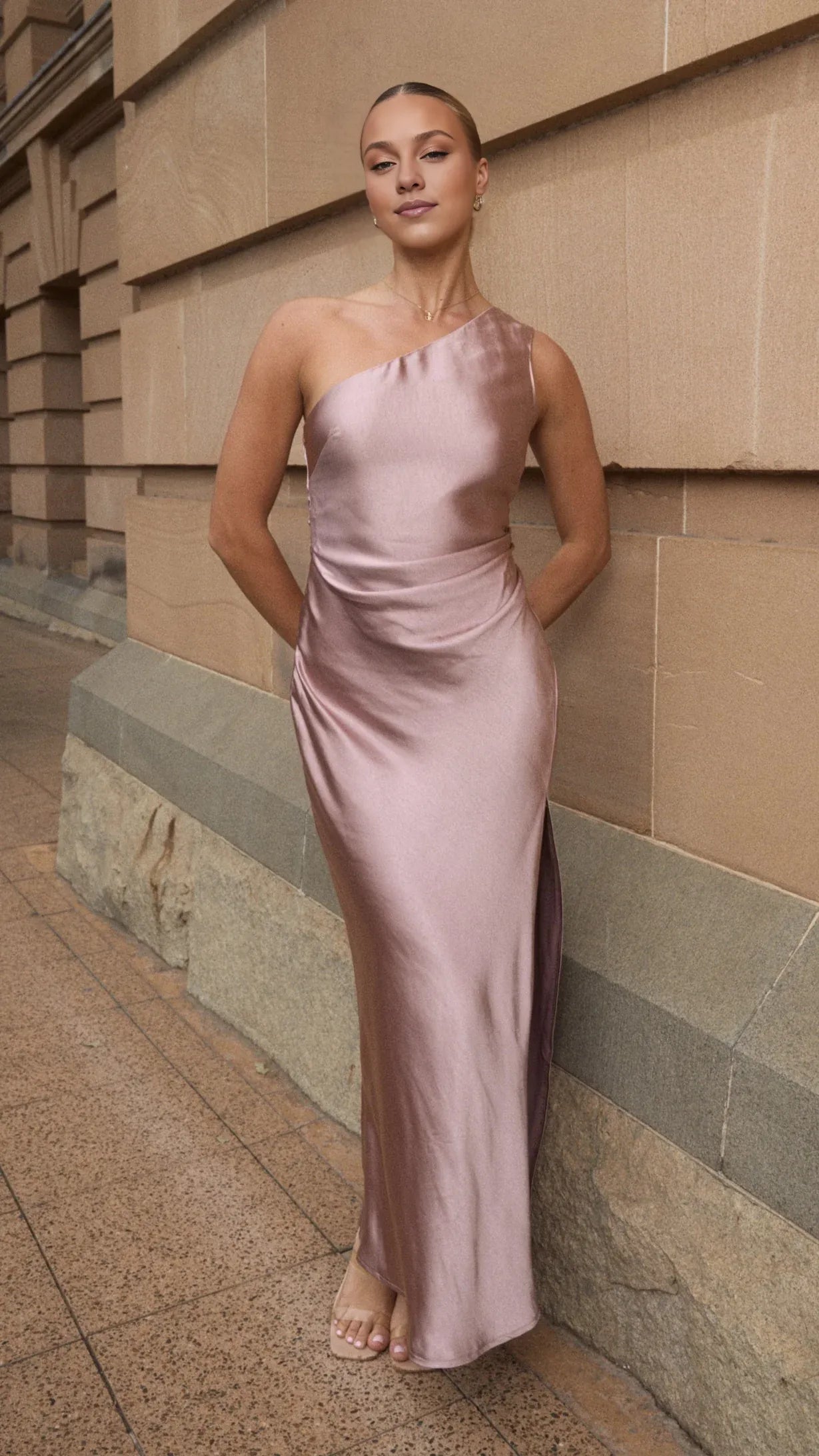 Weitese Dress Modern One Shoulder Maxi Dress Lilac Sheath Sleeveless Solid Color Side Leg Split Prom Dress