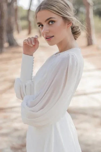 Weitese Dress Modest A Line Chiffon High Neck Chapel Train Bride Dress With Ruching Wedding Dress