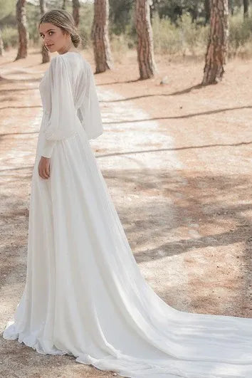 Weitese Dress Modest A Line Chiffon High Neck Chapel Train Bride Dress With Ruching Wedding Dress