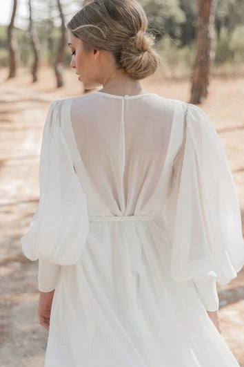 Weitese Dress Modest A Line Chiffon High Neck Chapel Train Bride Dress With Ruching Wedding Dress