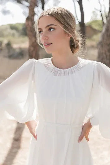 Weitese Dress Modest A Line Chiffon High Neck Chapel Train Bride Dress With Ruching Wedding Dress