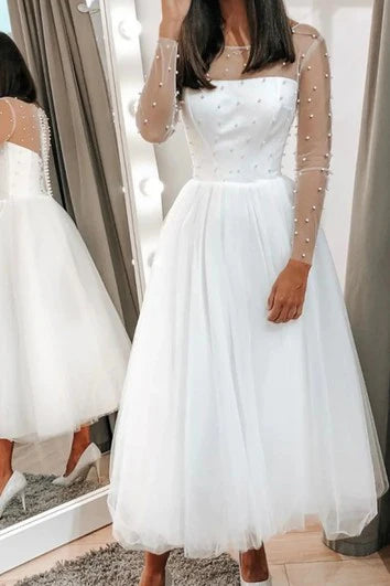 Weitese Dress Modest Bateau Neck A Line Tea-length Long Sleeve Wedding Dress With Beading Wedding Dress