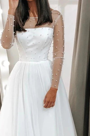 Weitese Dress Modest Bateau Neck A Line Tea-length Long Sleeve Wedding Dress With Beading Wedding Dress