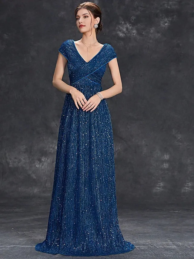 Weitese Dress Mother of the Bride Dress Elegant Party V Neck Floor Length Chiffon Short Sleeve With Sequin Evening Dress
