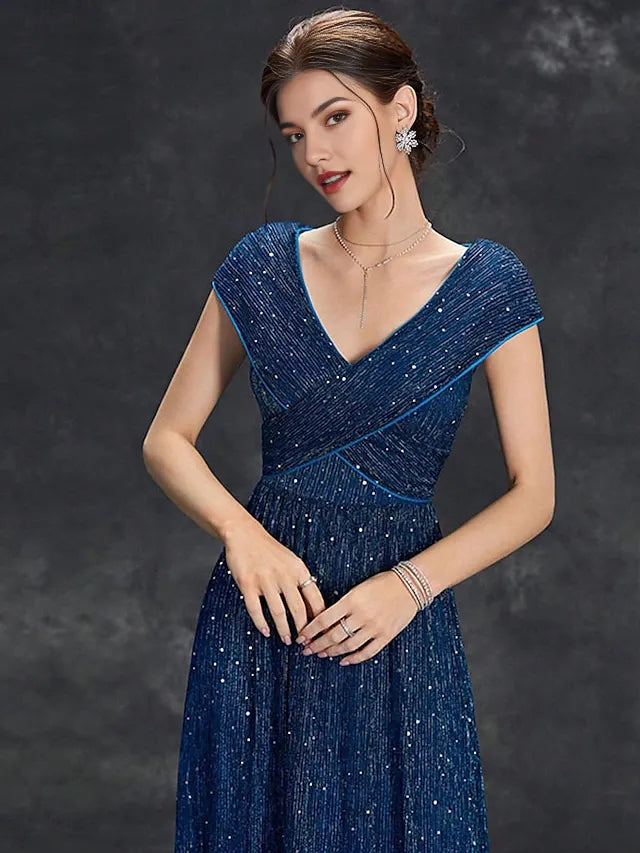 Weitese Dress Mother of the Bride Dress Elegant Party V Neck Floor Length Chiffon Short Sleeve With Sequin Evening Dress