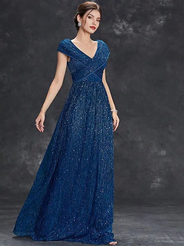 Weitese Dress Mother of the Bride Dress Elegant Party V Neck Floor Length Chiffon Short Sleeve With Sequin Evening Dress