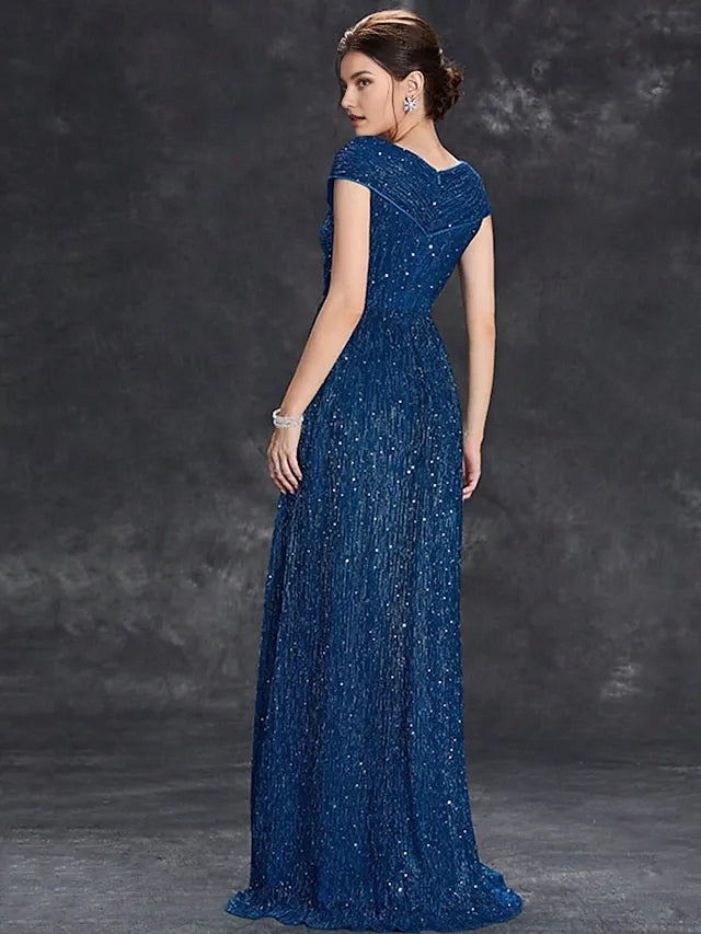 Weitese Dress Mother of the Bride Dress Elegant Party V Neck Floor Length Chiffon Short Sleeve With Sequin Evening Dress