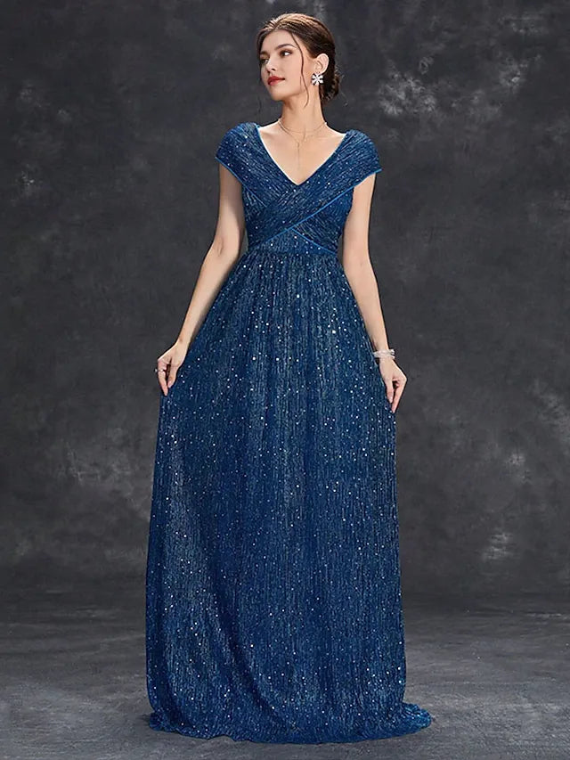 Weitese Dress Mother of the Bride Dress Elegant Party V Neck Floor Length Chiffon Short Sleeve With Sequin Evening Dress