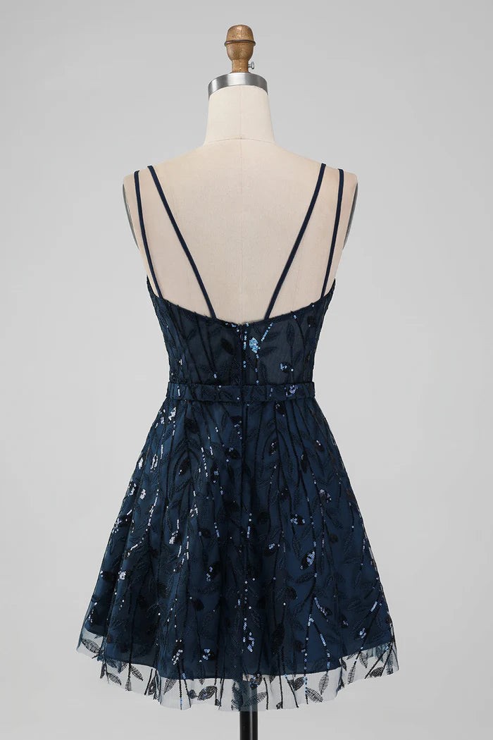 Vestido Weitese azul marino de corte A con tirantes finos y lentejuelas brillantes, vestido corto para fiesta de bienvenida, sin mangas y con brillo. 