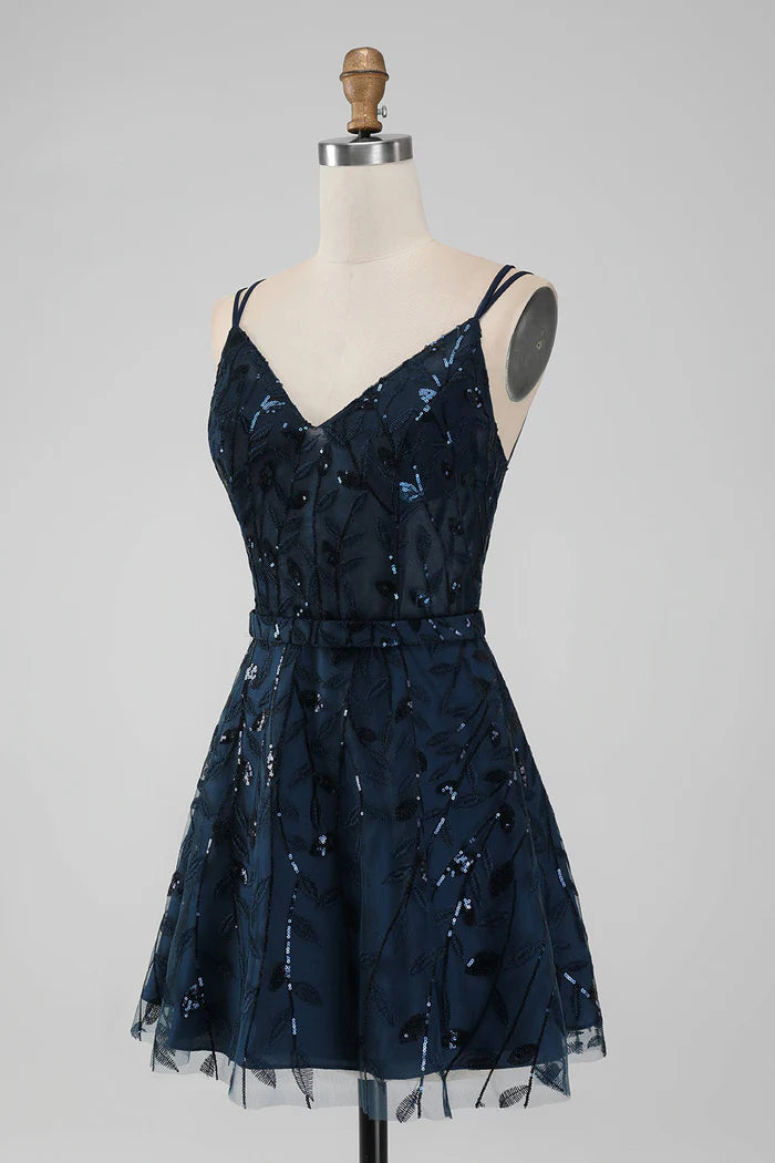 Vestido Weitese azul marino de corte A con tirantes finos y lentejuelas brillantes, vestido corto para fiesta de bienvenida, sin mangas y con brillo. 