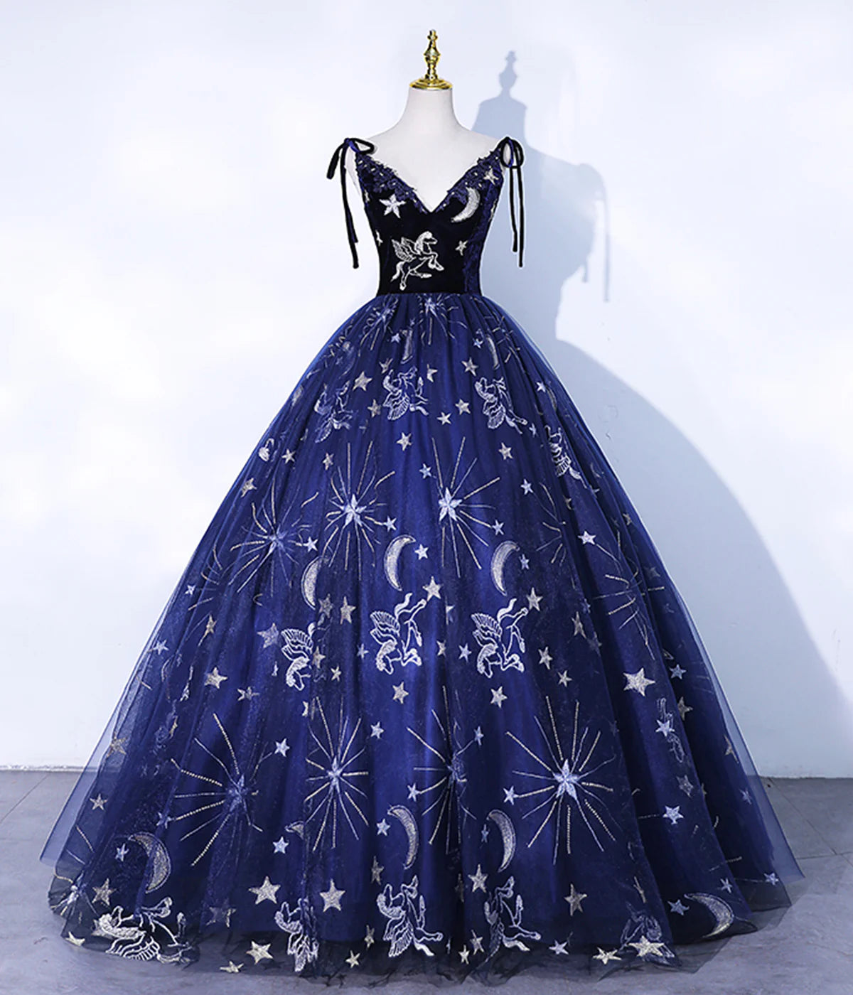 Robe Weitese bleu marine à bretelles spaghetti en tulle brodé, longue robe de bal, robe de soirée 