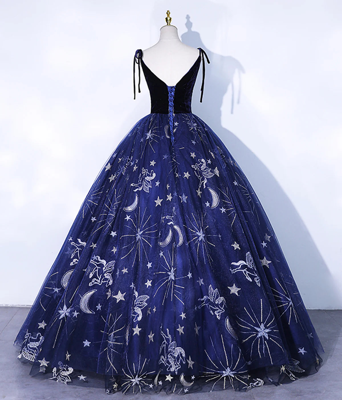Robe Weitese bleu marine à bretelles spaghetti en tulle brodé, longue robe de bal, robe de soirée 