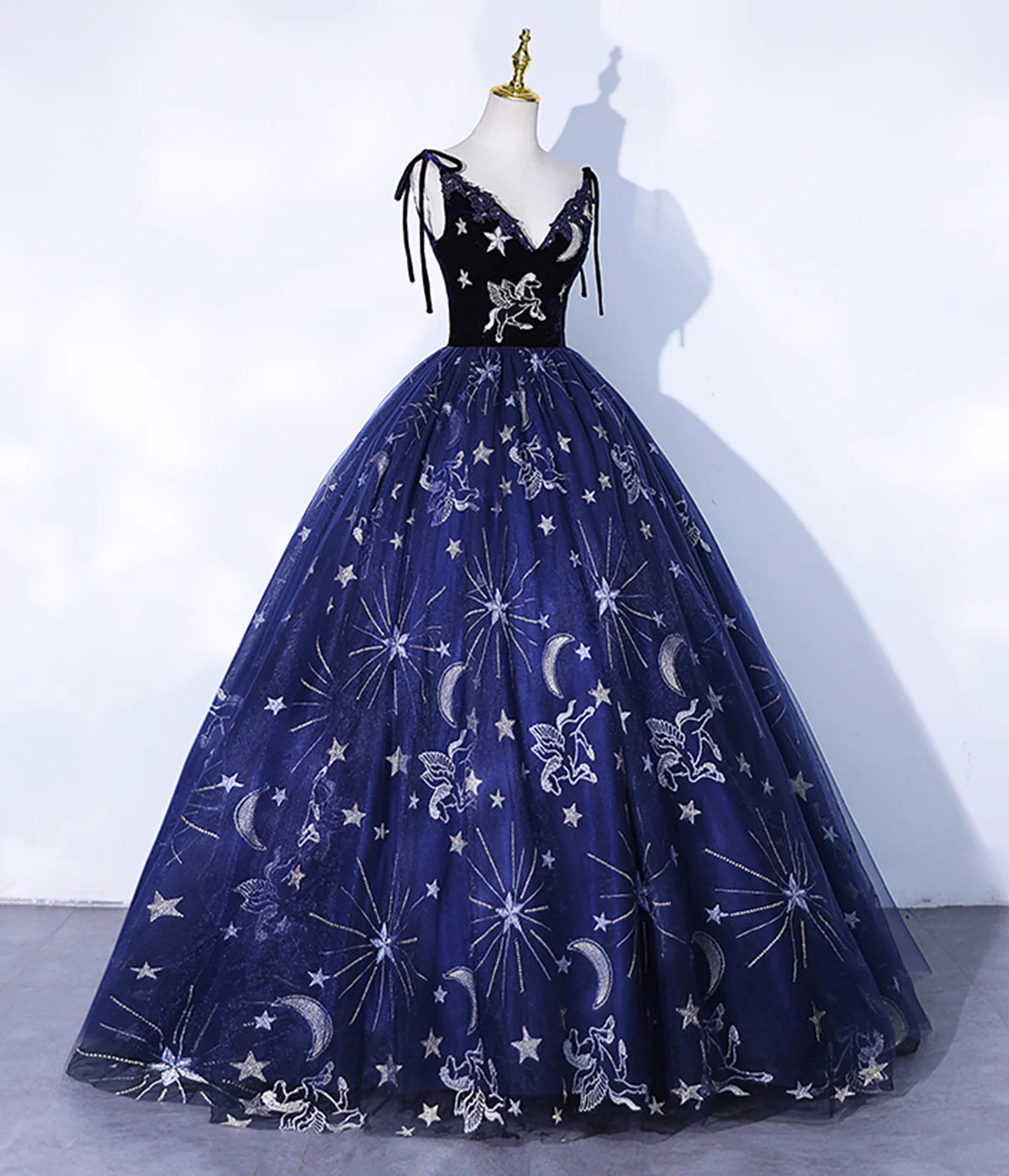 Vestido Weitese azul marino con tirantes finos y bordado de tul, vestido largo de fiesta formal. 