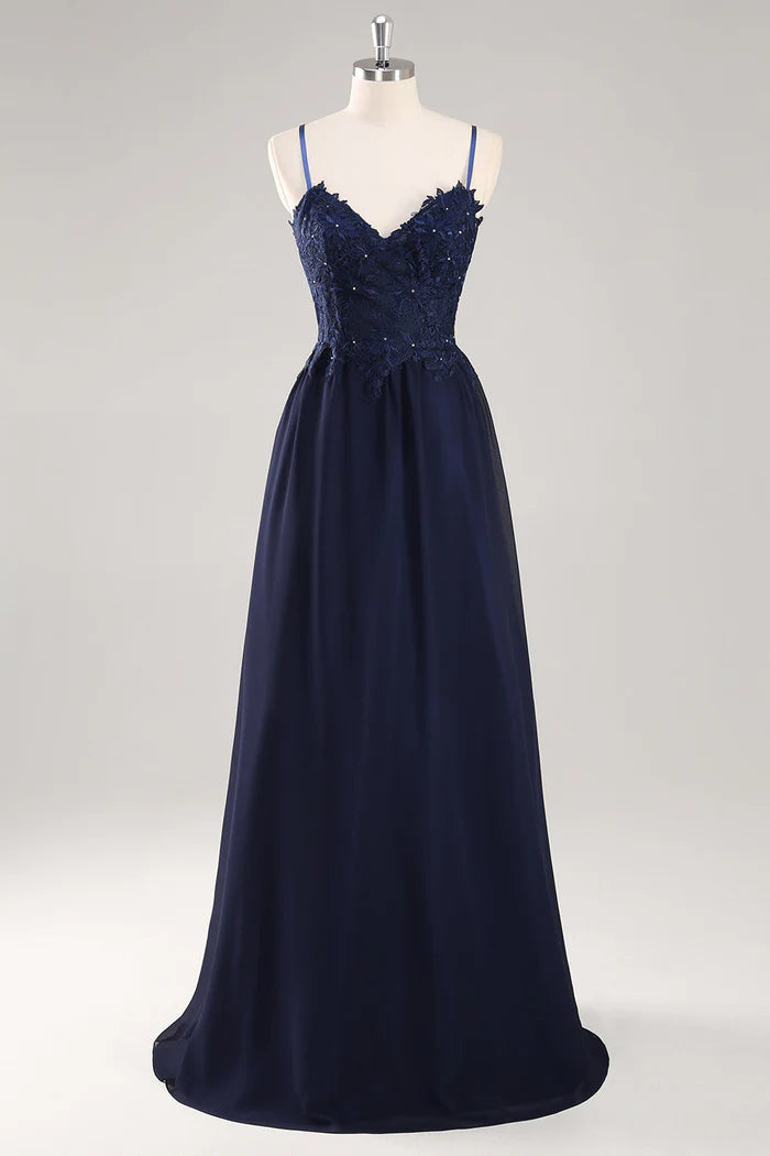 Robe de bal Weitese bleu marine à bretelles spaghetti et lacets, coupe trapèze, sans manches, avec applications 