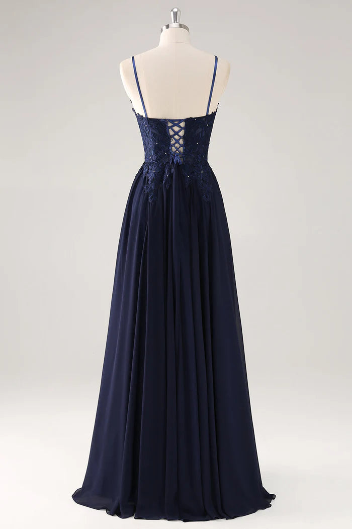 Robe de bal Weitese bleu marine à bretelles spaghetti et lacets, coupe trapèze, sans manches, avec applications 