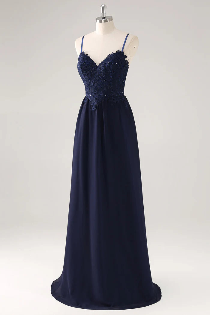 Vestido Weitese azul marino con tirantes finos, encaje, corte A, sin mangas, vestido de fiesta con apliques 