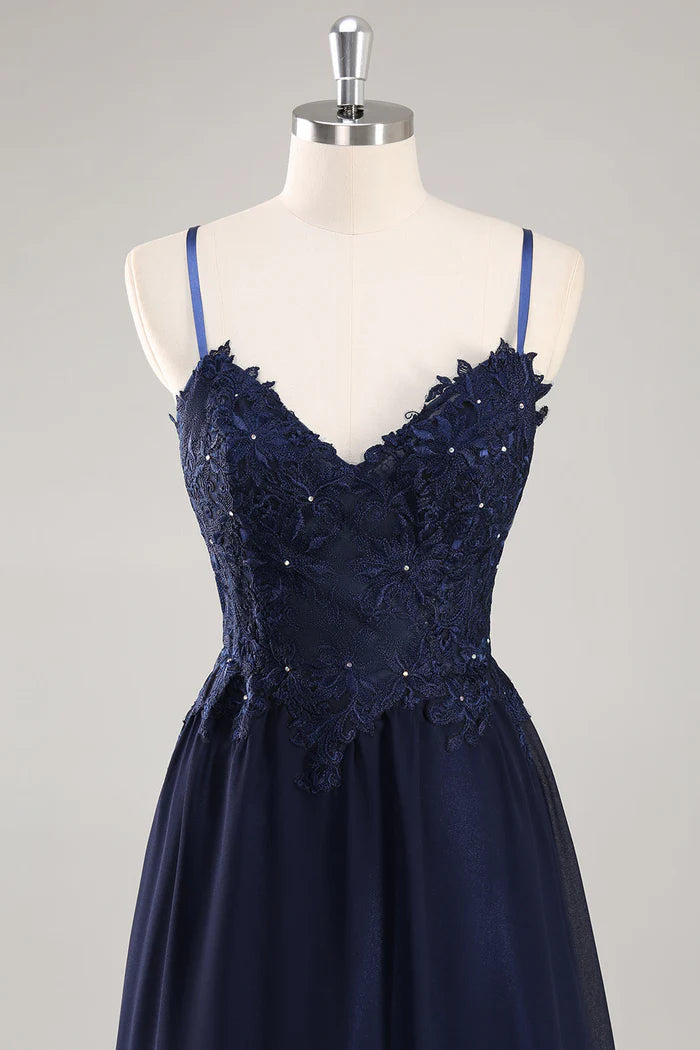 Vestido Weitese azul marino con tirantes finos, encaje, corte A, sin mangas, vestido de fiesta con apliques 