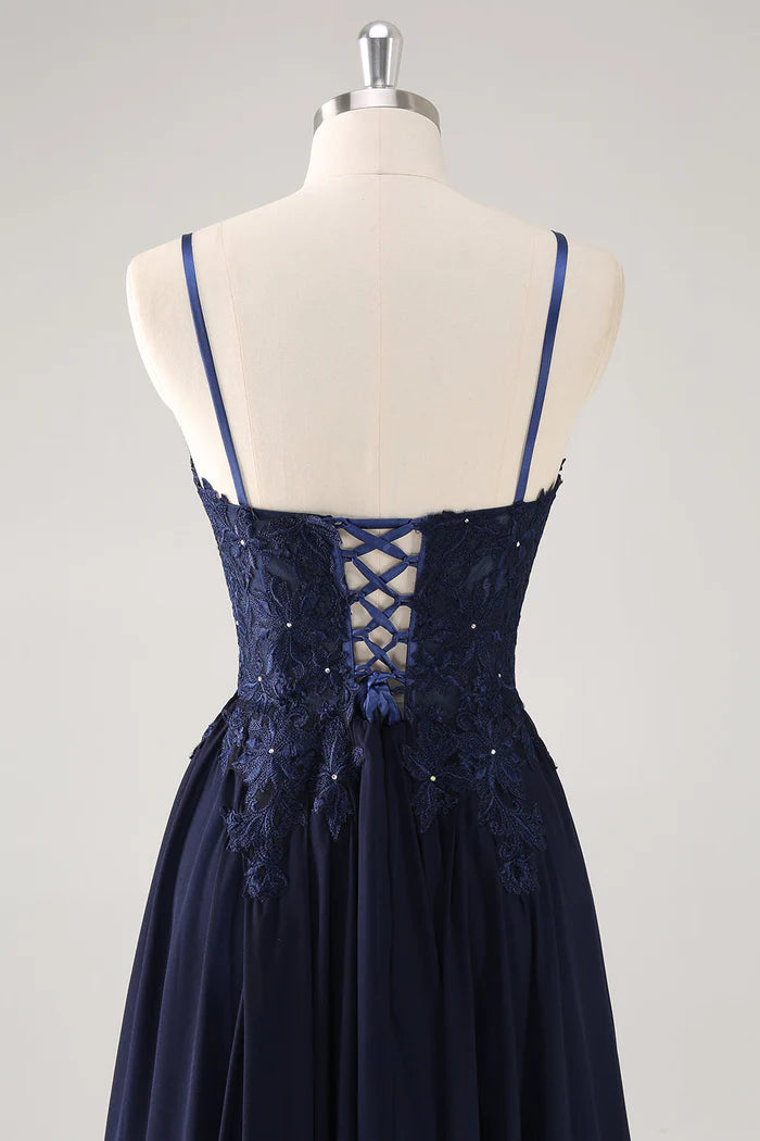 Vestido Weitese azul marino con tirantes finos, encaje, corte A, sin mangas, vestido de fiesta con apliques 