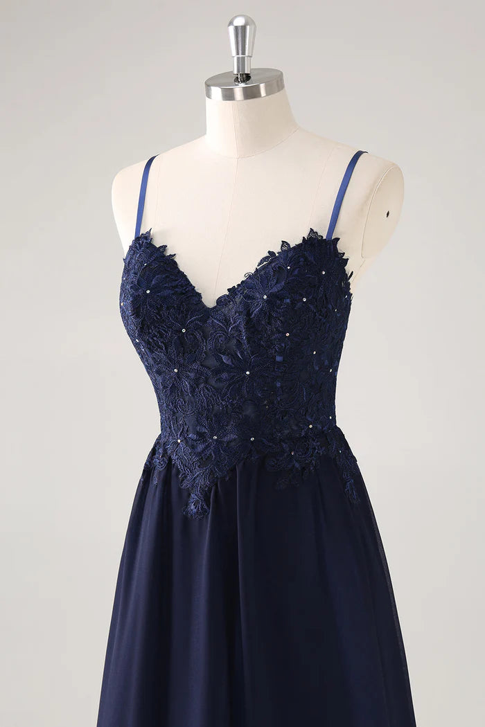 Vestido Weitese azul marino con tirantes finos, encaje, corte A, sin mangas, vestido de fiesta con apliques 