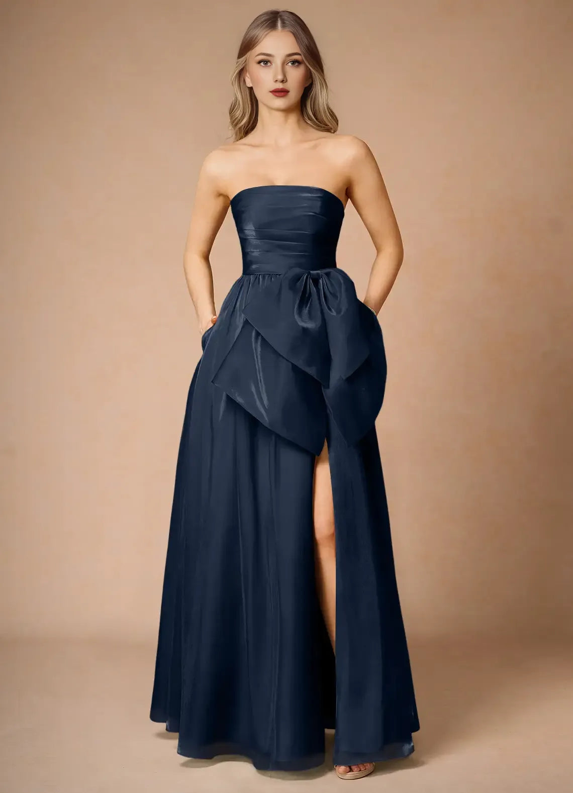 Weitese Dress Black Strapless Elegant Satin Maxi Dress Sleeveless A-line Backless Prom Dress With Slit