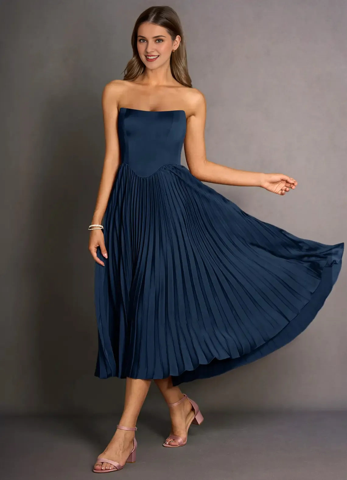 Robe Weitese bleu marine, sans bretelles, simple, plissée, longue, sans manches, couleur unie, à lacets, longueur thé, dos nu, robe de bal 