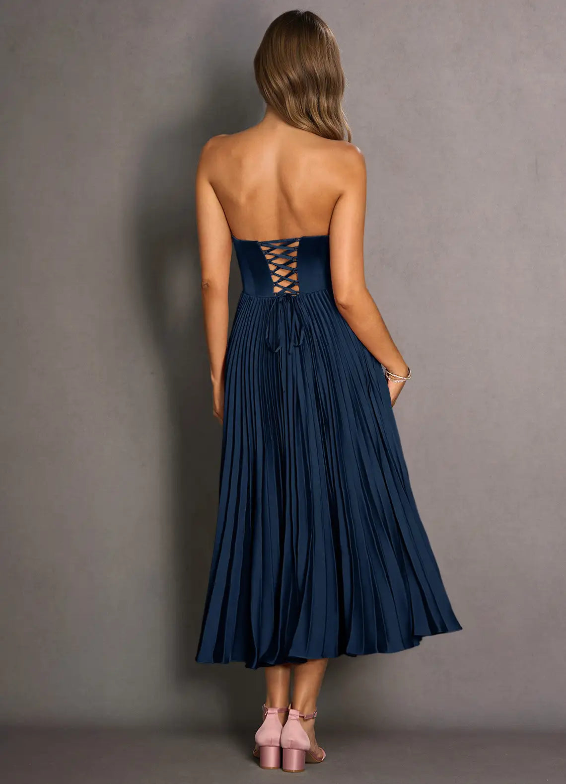 Robe Weitese bleu marine, sans bretelles, simple, plissée, longue, sans manches, couleur unie, à lacets, longueur thé, dos nu, robe de bal 