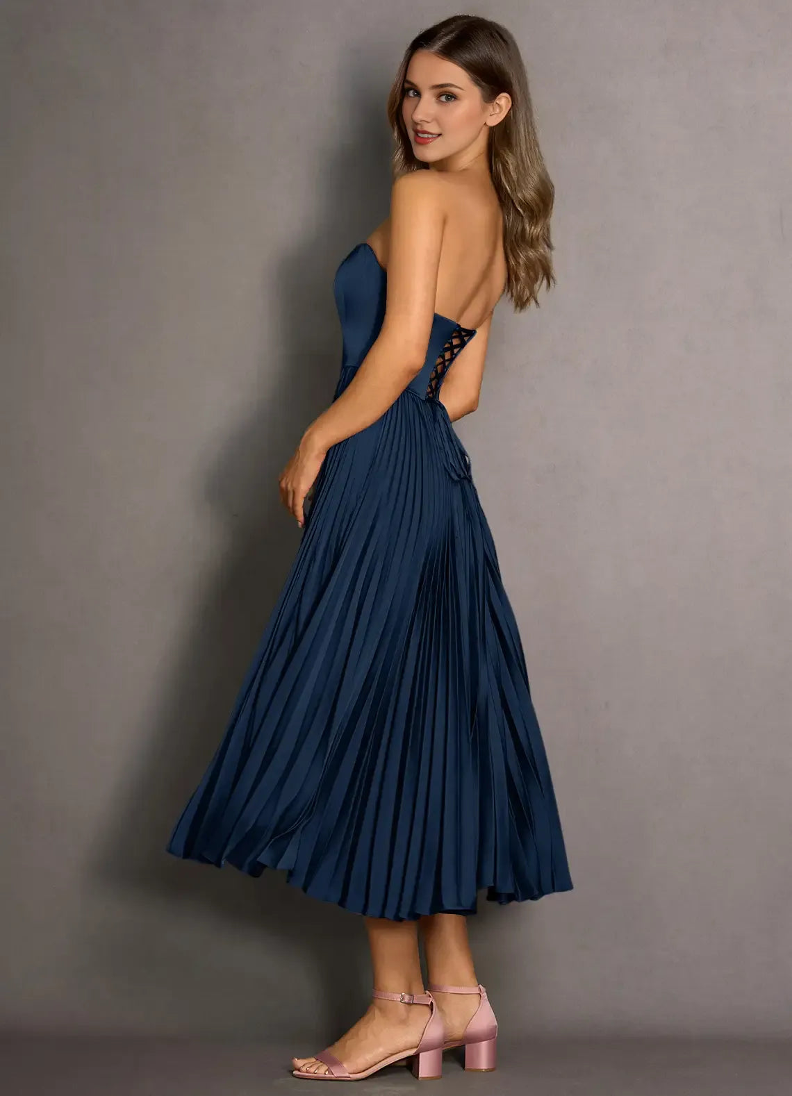 Robe Weitese bleu marine, sans bretelles, simple, plissée, longue, sans manches, couleur unie, à lacets, longueur thé, dos nu, robe de bal 