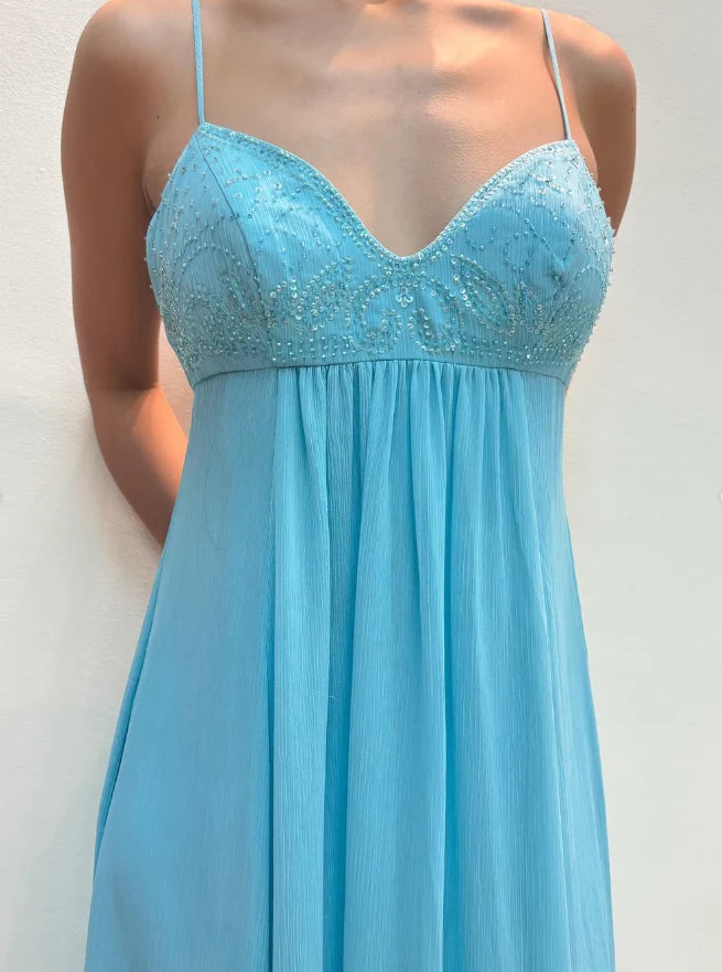 Weitese Dress New A Line Spaghetti Strap Beaded Sequin Blue Chiffon Prom Dress Evening Dress Party Dress