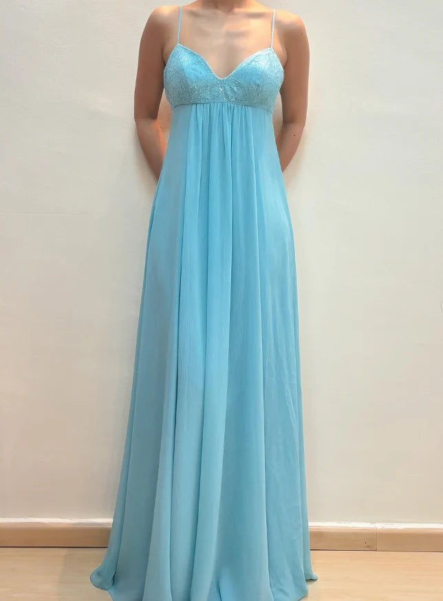 Weitese Dress New A Line Spaghetti Strap Beaded Sequin Blue Chiffon Prom Dress Evening Dress Party Dress