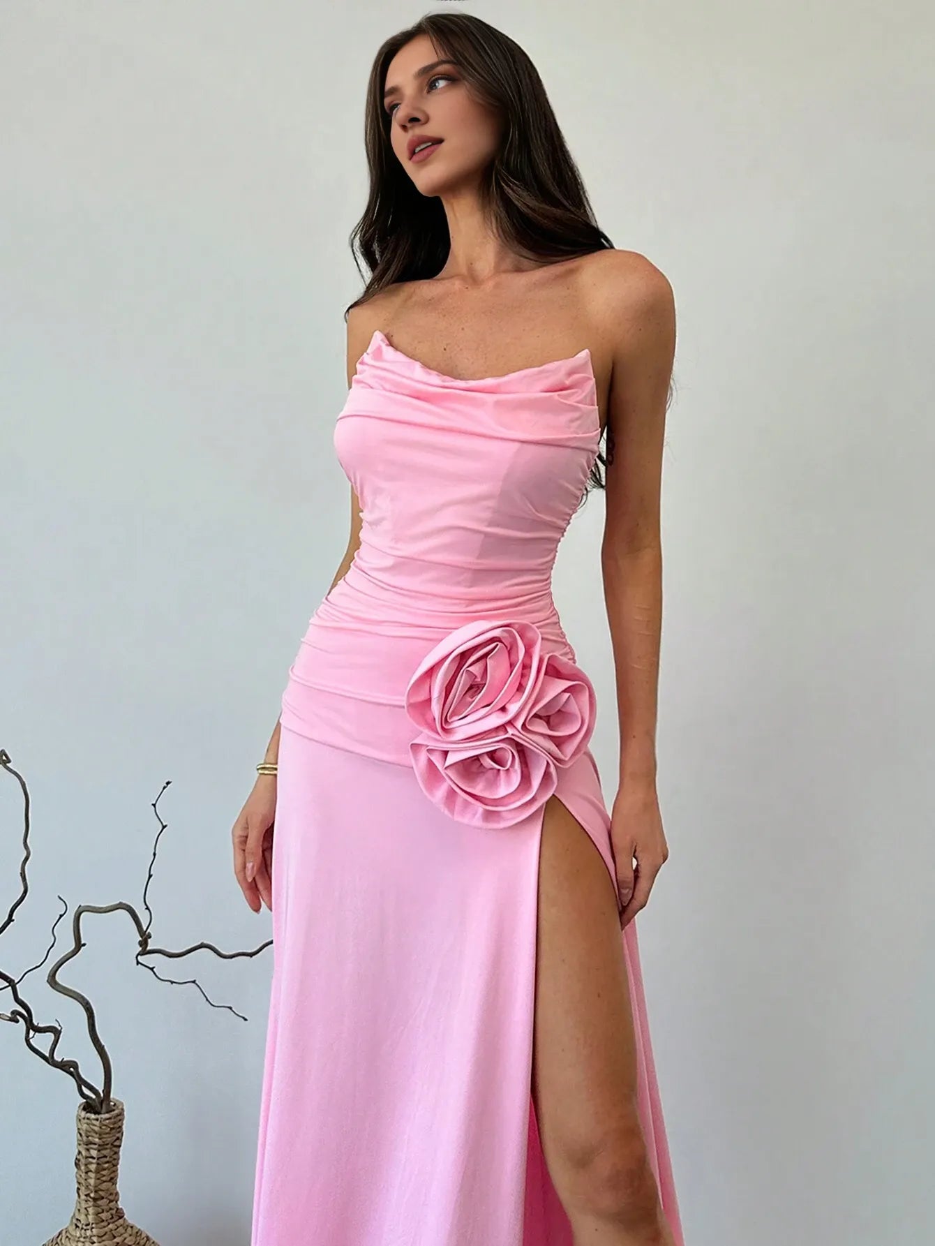 Weitese Dress New Design Strapless 3D Floral Decor Sexy High Slit Dress Versatile Evening Prom Gown