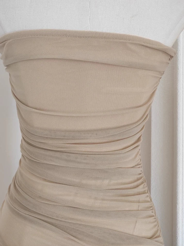 Weitese Dress Nude Strapless Pleated Chiffon Midi Dress Homecoming Dress Hight-Low Hem Party Dresses/No pearls necklace