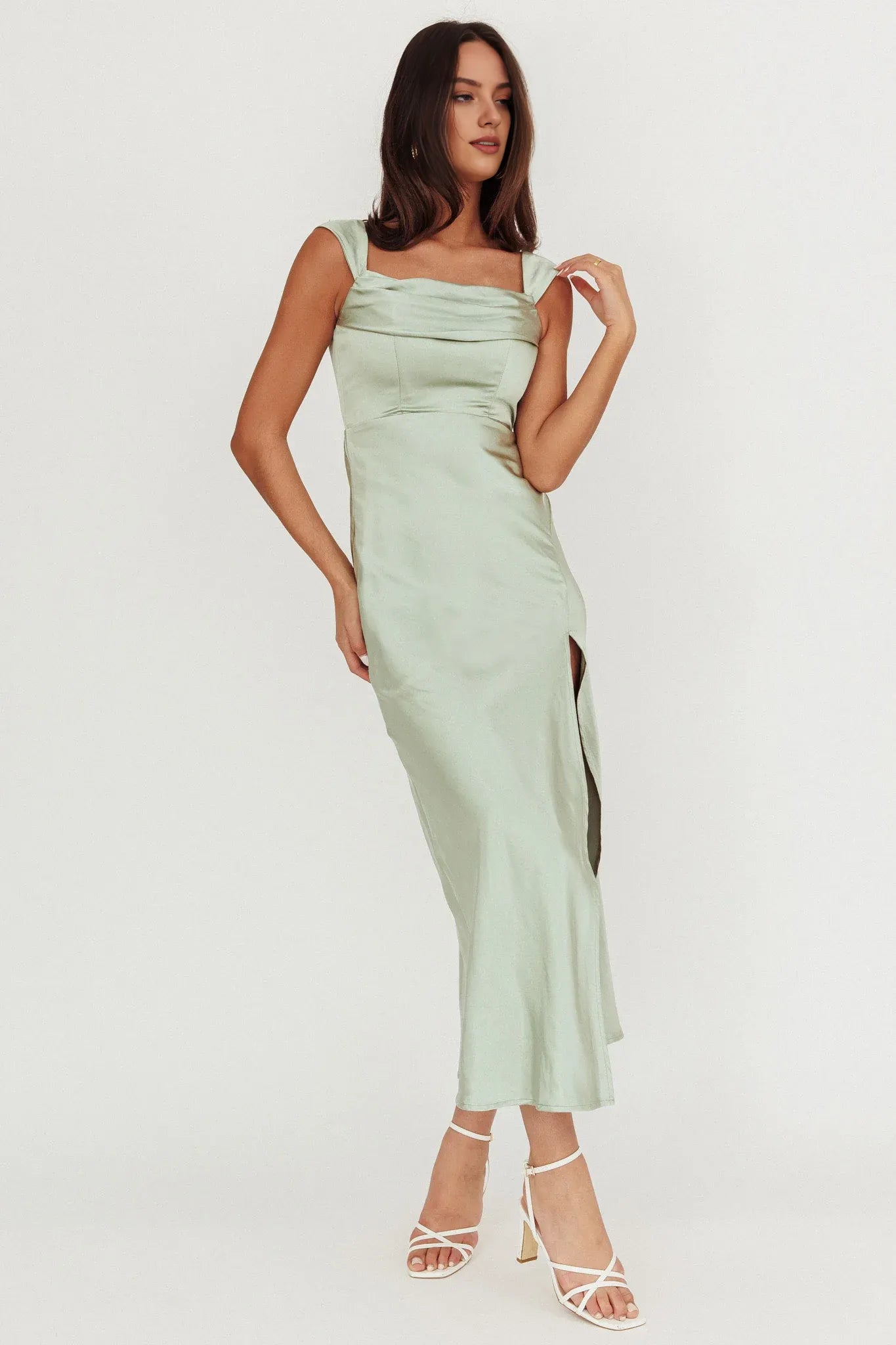 Weitese Dress Off-Shoulder V-Back Dress Sage Sleeveless Party Dress Ankle-Length Sheath/Column Prom Dress