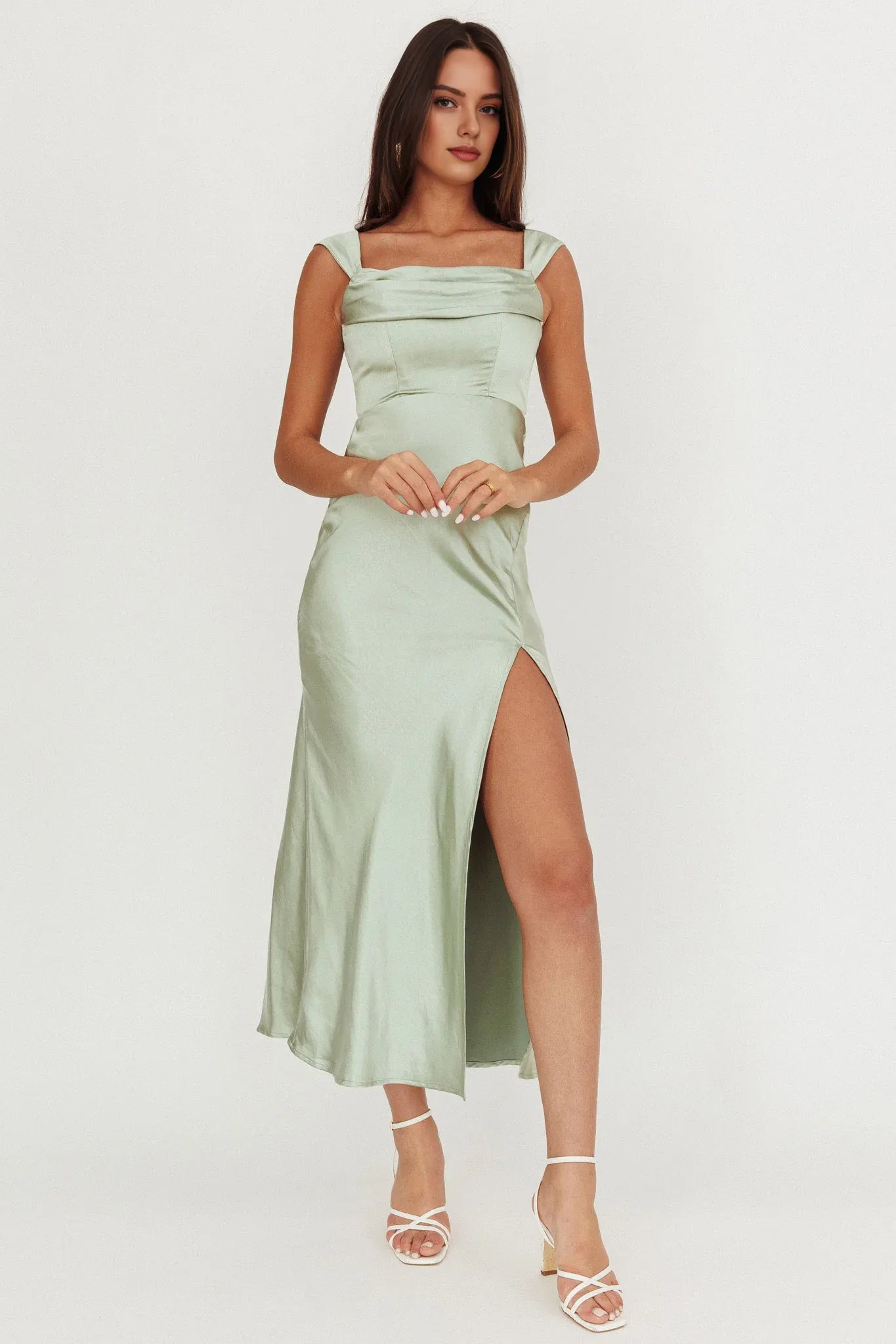 Weitese Dress Off-Shoulder V-Back Dress Sage Sleeveless Party Dress Ankle-Length Sheath/Column Prom Dress