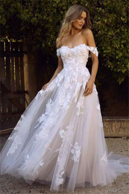 Weitese Dress Off-the-Shoulder A-Line Tulle Wedding Dress With Romantic Lace Appliques Bride Dress