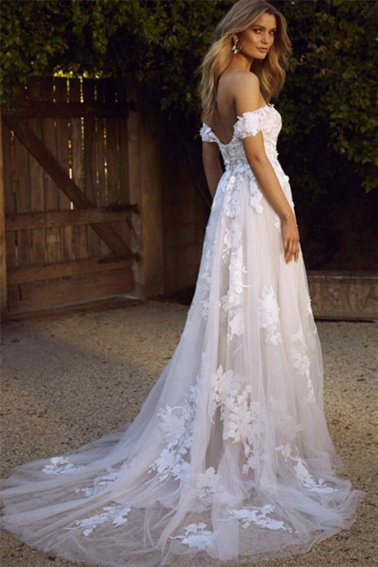 Weitese Dress Off-the-Shoulder A-Line Tulle Wedding Dress With Romantic Lace Appliques Bride Dress