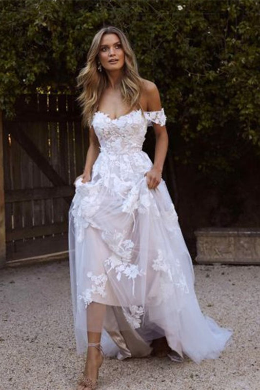 Weitese Dress Off-the-Shoulder A-Line Tulle Wedding Dress With Romantic Lace Appliques Bride Dress