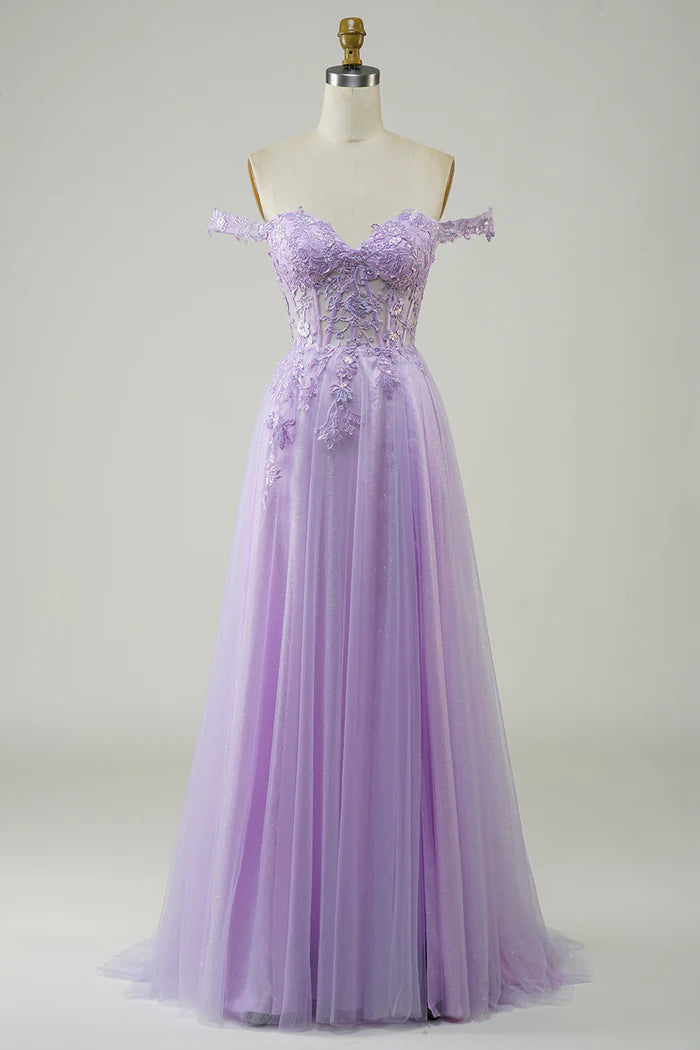 Weitese Dress Off-the-Shoulder Purple Corset A-Line Long Tulle Party Dress With Lace Prom Dress