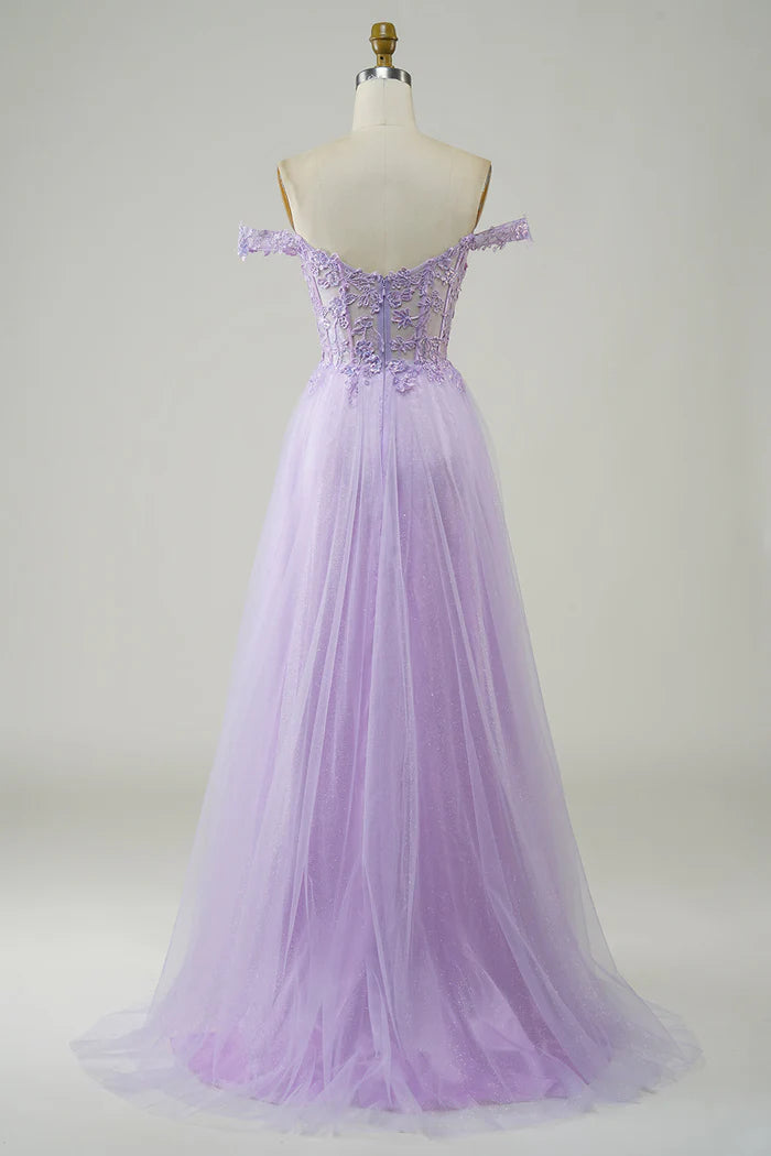Weitese Dress Off-the-Shoulder Purple Corset A-Line Long Tulle Party Dress With Lace Prom Dress