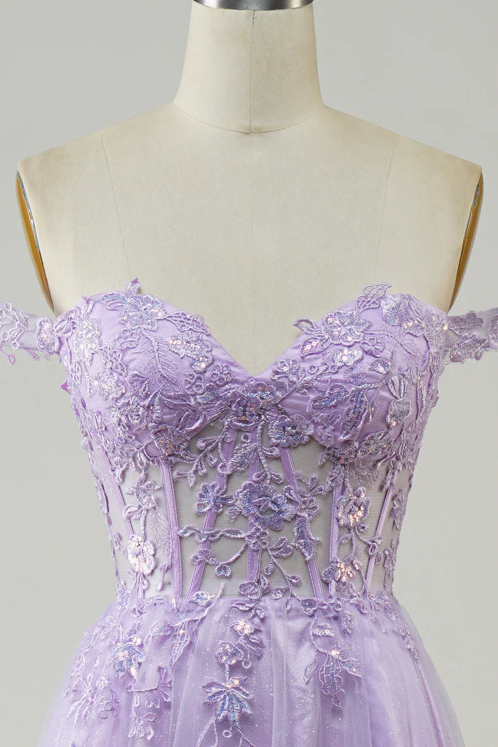 Weitese Dress Off-the-Shoulder Purple Corset A-Line Long Tulle Party Dress With Lace Prom Dress
