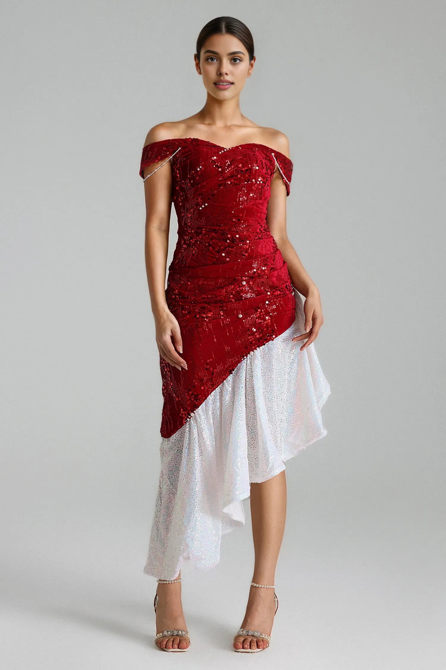 Weitese Dress Off-the-Shoulder Sexy Sheath Sleeveless Prom Dress Asymmetrical Hem Sequins Evening Dress