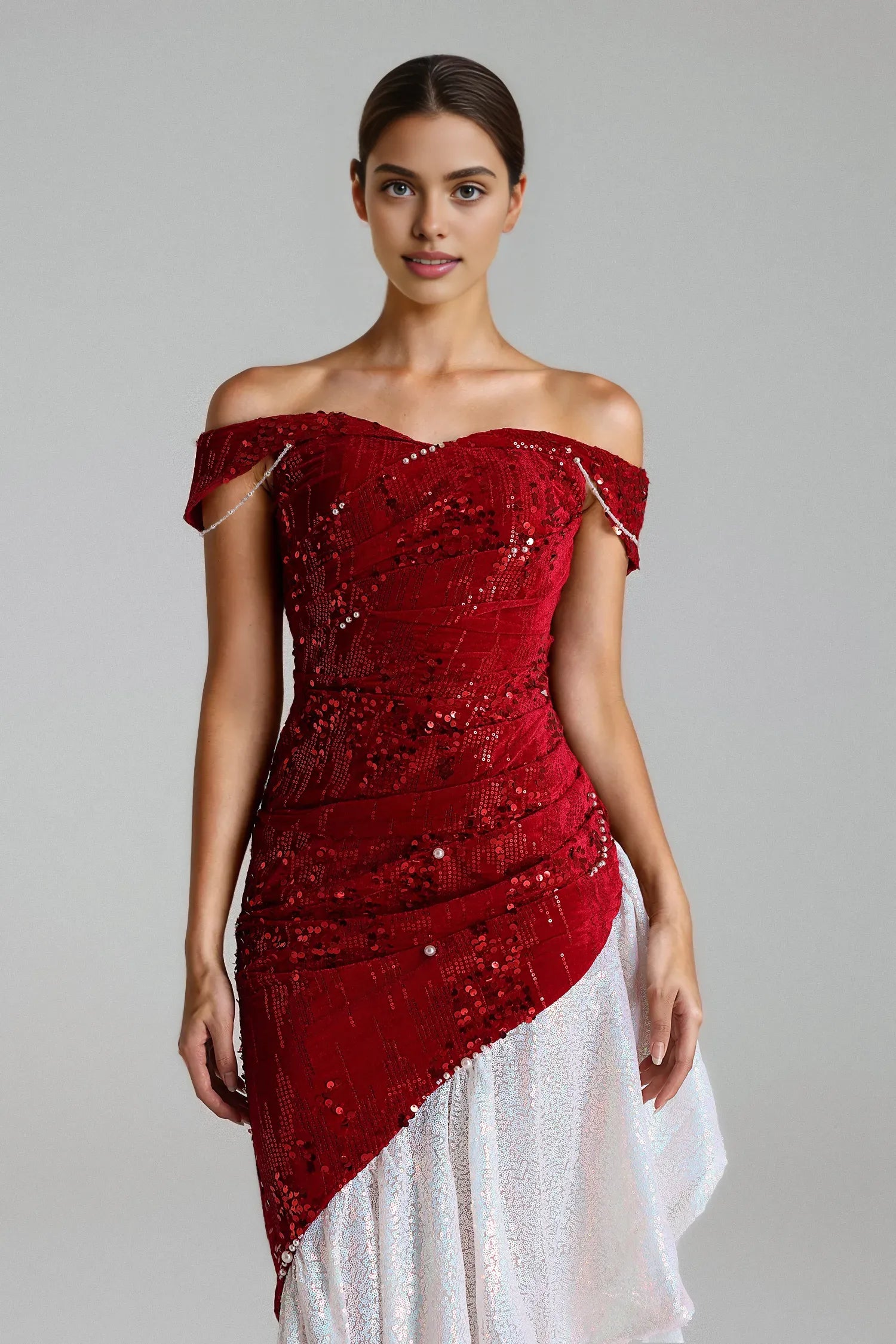 Weitese Dress Off-the-Shoulder Sexy Sheath Sleeveless Prom Dress Asymmetrical Hem Sequins Evening Dress