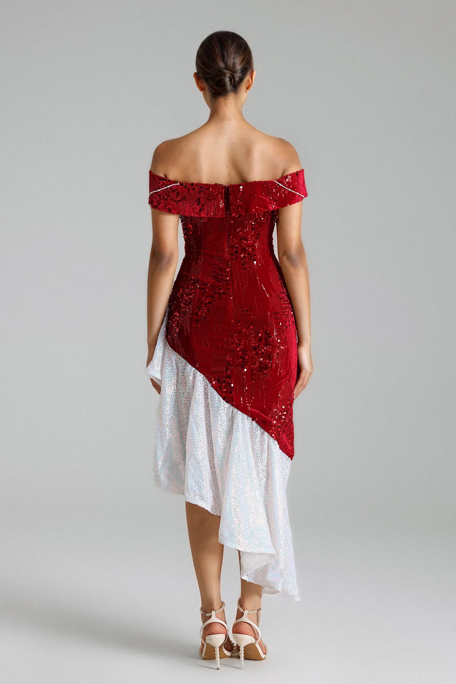 Weitese Dress Off-the-Shoulder Sexy Sheath Sleeveless Prom Dress Asymmetrical Hem Sequins Evening Dress