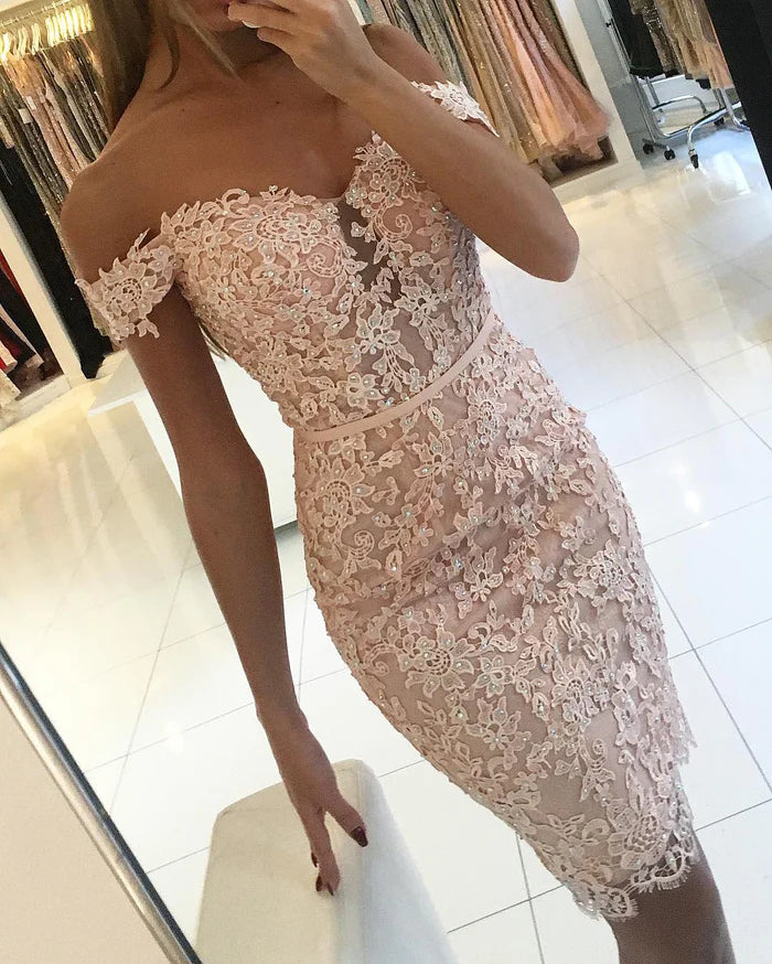 Weitese Dress Off-the-Shoulder Sheath Party Dress Knee-Length With Appliques Prom Dress