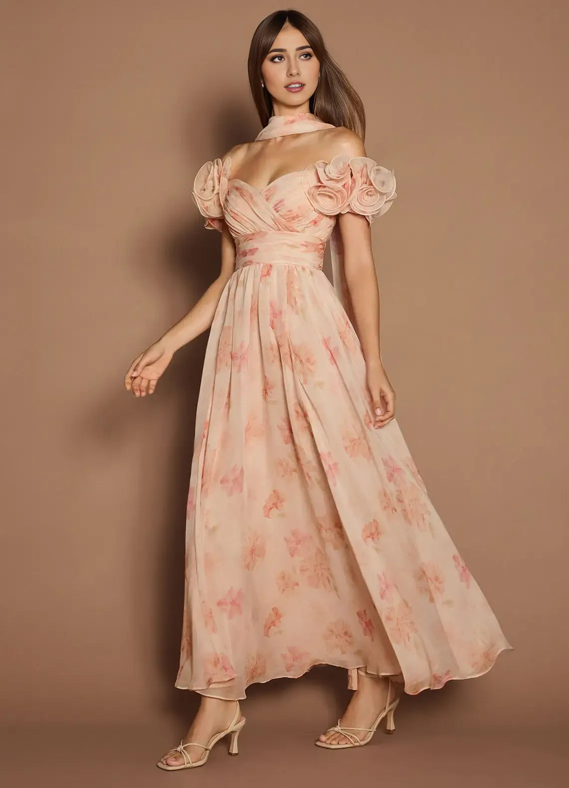 Robe Weitese à épaules dénudées, élégante robe longue en cœur, robe de bal, robe de soirée romantique imprimée, coupe trapèze avec foulard 