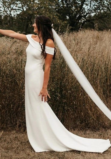 Weitese Dress Off-the-shoulder Satin Floor-length Court Train Trumpet Sleeveless Casual Wedding Dress/No Veils