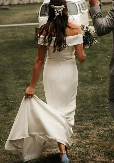 Weitese Dress Off-the-shoulder Satin Floor-length Court Train Trumpet Sleeveless Casual Wedding Dress/No Veils