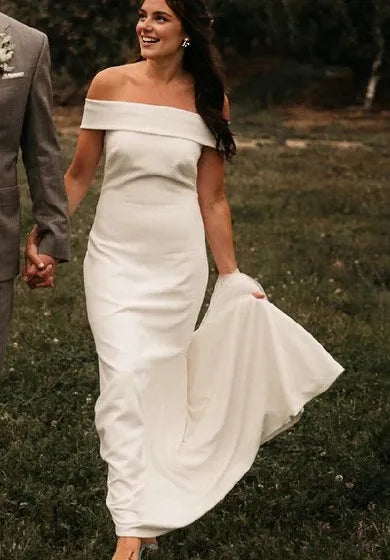 Weitese Dress Off-the-shoulder Satin Floor-length Court Train Trumpet Sleeveless Casual Wedding Dress/No Veils